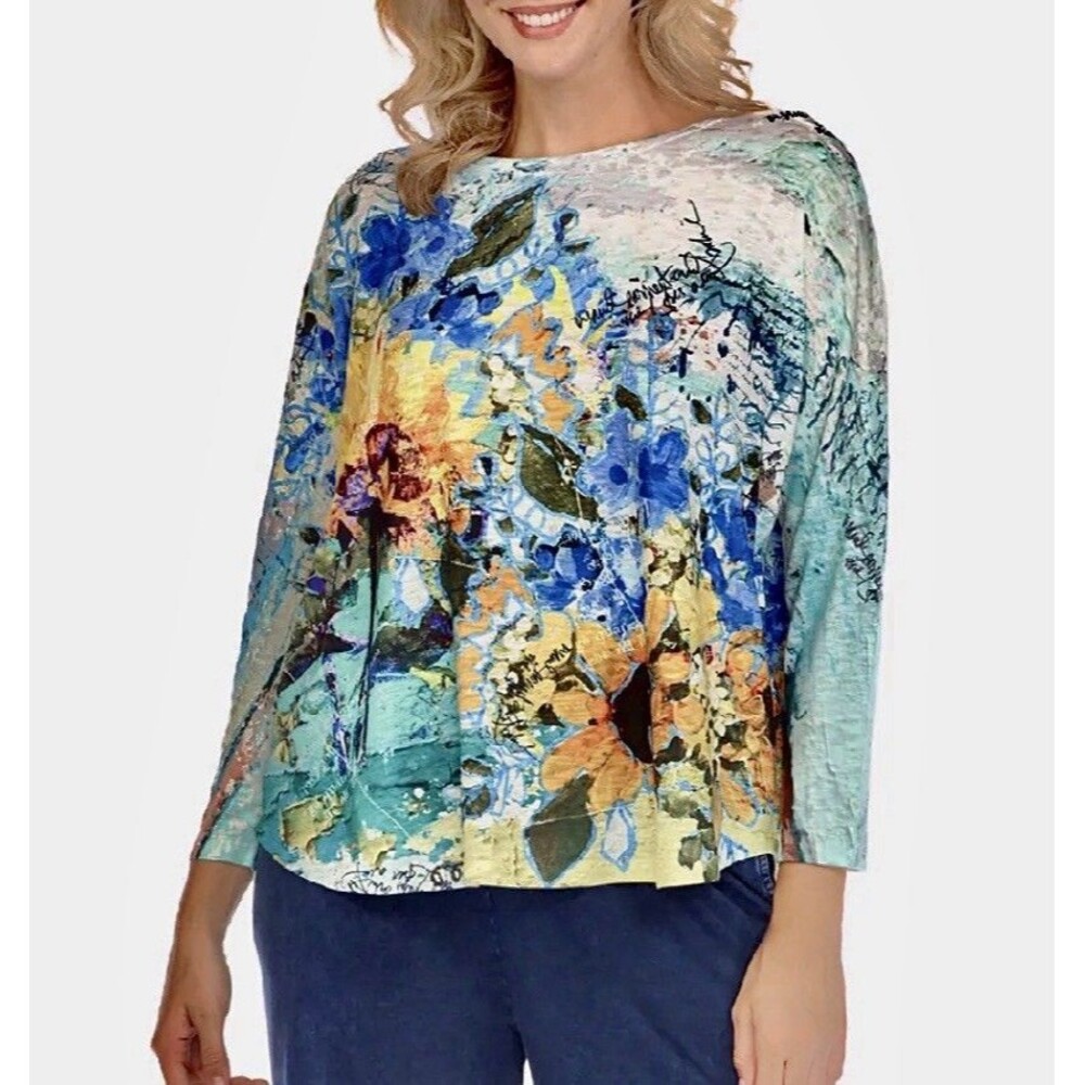 INOAH Womens Top Artsy Sunny Days Sunflowers Print Dolman Sleeves V Neck